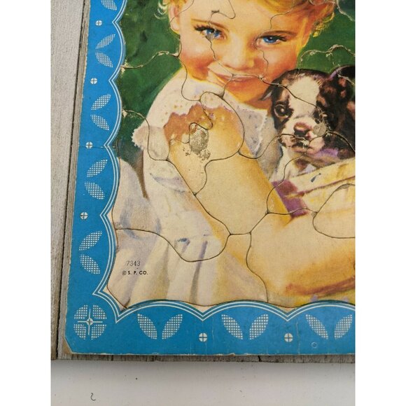 Vintage Jigsaw Puzzle Tray 11 1/2"x10" Girl Puppies S.P. Co 7343 - Picture 3 of 9